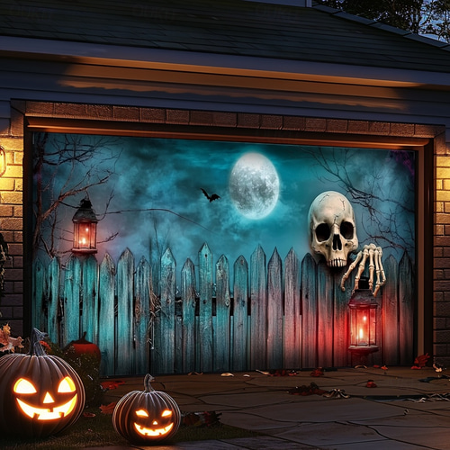 Halloween Garage Door Cover 7x8ft - Scary Cemetery Graveyard Backdrop Banner For Garage Door Decor, Horror Party Decoration