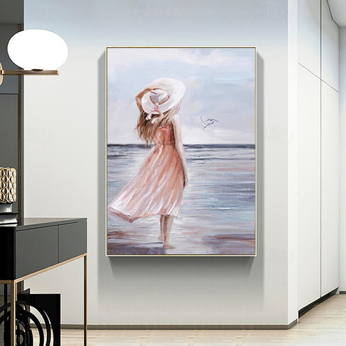 28×35cm-クリル原画 女性の後ろ姿 キャンバスアート 2026年 美しい女の子の後ろ姿のビーチキャンバス油絵手描きのモダンな
