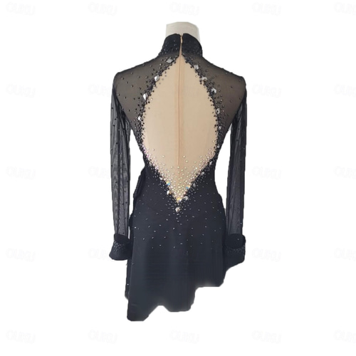 Black Halo Women's Long Sleeve Figure Skating Dress - Black Thumbhole Competition Dress With Rhinestones, Handmade For Ice Skating & Gymnastics Handmade Professional Performance Dress Black Halo Women's Long Sleeve Figure Skating Dress - Black Thumbhole Competition Dress With Rhinestones, Handmade For Ice Skating & Gymnastics Handmade Professional Performance Dress
