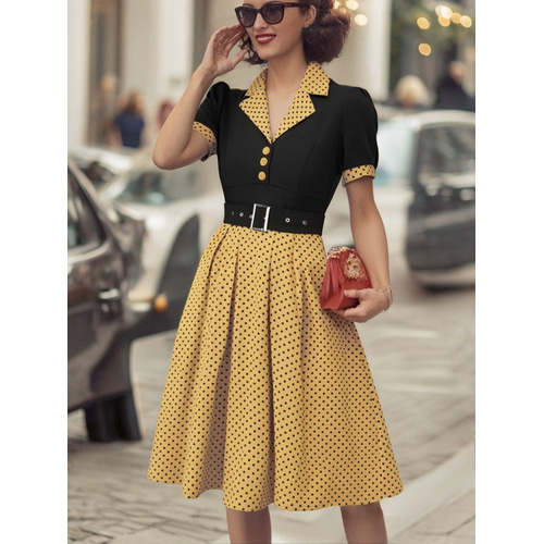 knee length dresses for ladies Retro Black and White Polka Dot Flared Dress | Vintage Elegance