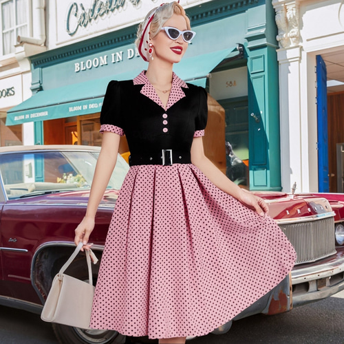 retro theme polka dot dress Baylee French Retro Polka Dot V-Neck Dress