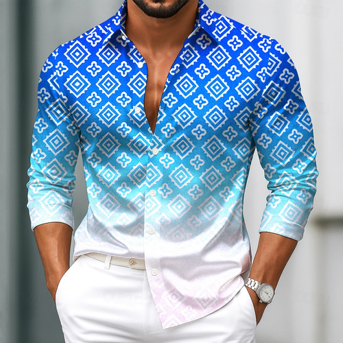Men's Geometric Gradient Color Shirt Satin Shirt Dress Shirt Long Sleeve  Vintage Retro Vacation Dailywear Summer Spring Fall Turndown 3D Print  Button Up Shirts Blue Green 2026 -  23