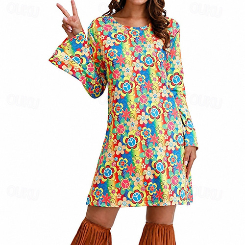 ladies 70s fancy dress Retro Vintage 1970s Disco Dress Women 70s Outfits Flare Cuff Sleeve Hippie Printing Fancy Dress Women's Masquerade Party / Evening Pride Parade Pride Month Adults' Dress 2026 fabric-KO