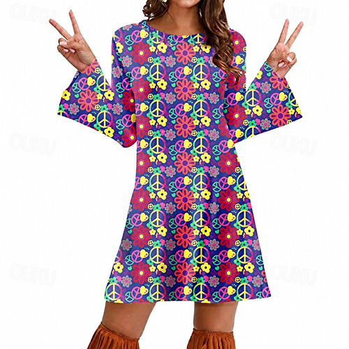 70s fancy dress ladies Retro Vintage 1970s Disco Dress Women 70s Outfits Flare Cuff Sleeve Hippie Printing Fancy Dress Women's Masquerade Party / Evening Pride Parade Pride Month Adults' Dress 2026 fabric::JetStretch Woven