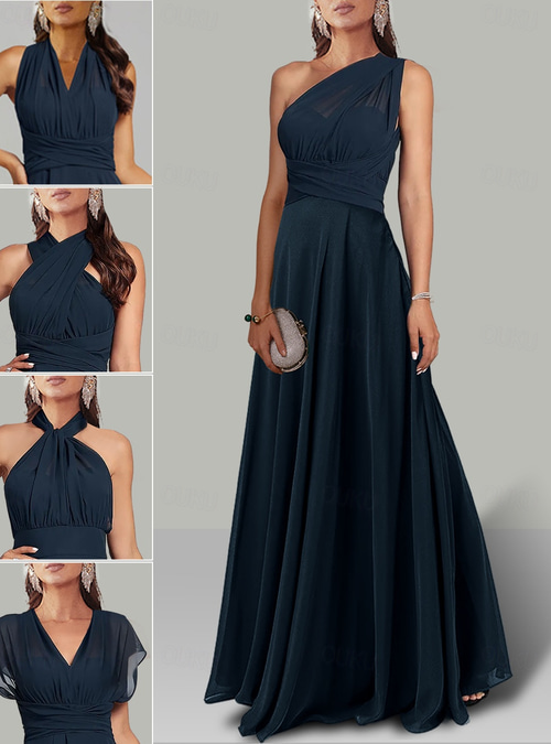 TS A Line Wedding Guest Dresses Infinity Dress Wedding Party Summer Floor Length Short Sleeve Halter Neck Convertible Chiffon with Ruched 2024 2024 134.99