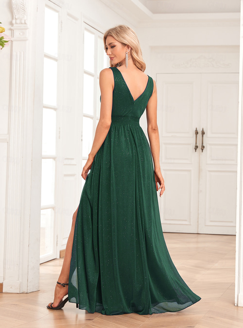 A-Line Wedding Guest Dress Black Tie Party Wear Floor Length Sleeveless V  Neck Spandex V Back with Glitter Slit Masquerade Dress to impress 2026 -  CAD $134.99