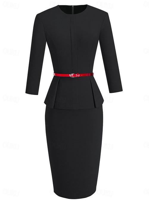 Women's Work Dress Sheath Dress Semi Formal Dress Fashion Midi Dress Ruched  Crew Neck 3/4 Length Sleeve Plain Regular Fit Black Red Blue Fall Winter S  M L XL XXL 2026 - US $66.99