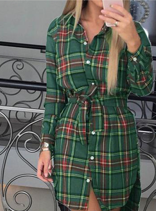 Women's Polyester Plaid Dress Shirt Dress Plaid Belted Asymmetrical Shirt  Collar Mini Dress Classic Party Long Sleeve Fall Winter 2026 -  28.99