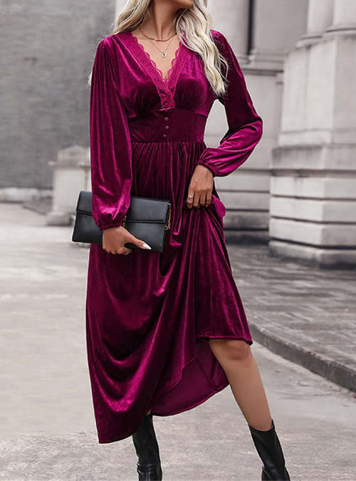 Women's Velvet Dress Long Dress Maxi Dress Lace Ruched Daily Date Elegant Fashion V Neck Long Sleeve Wine Color 2026 - 29 Women's Velvet Dress Long Dress Maxi Dress Lace Ruched Daily Date Elegant Fashion V Neck Long Sleeve Wine Color 2026 - 29