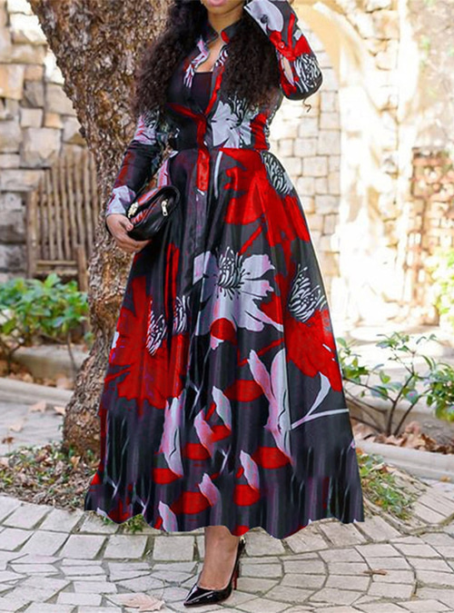 Women's Long Dress Maxi Dress Casual Dress Swing Dress Print Dress Fashion  Streetwear Mature Outdoor Vacation Daily Regular Fit Floral Long Sleeve  Split Neck Red Purple Green Dark Blue Fall Winter 2026 -