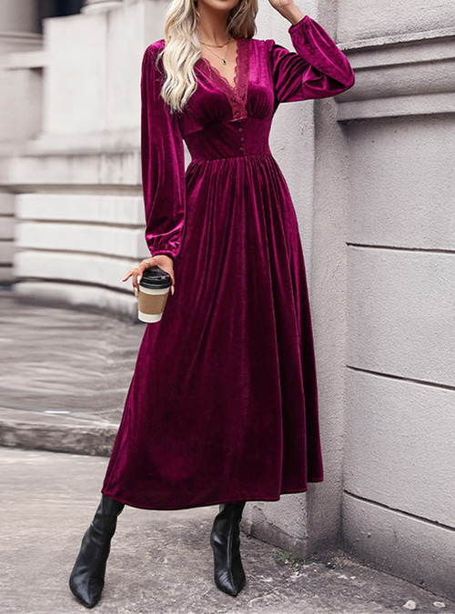 Women's Velvet Dress Long Dress Maxi Dress Lace Ruched Daily Date Elegant  Fashion V Neck Long Sleeve Wine Color 2026 -  29