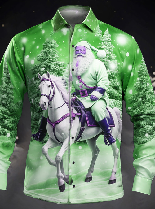 Weihnachts Langarm Freizeithemd Herren – 3D-Druck Hawaii-Shirt Mit Button-Down-Kragen, Weihnachtsmuster, Atmungsaktiv & Bequem