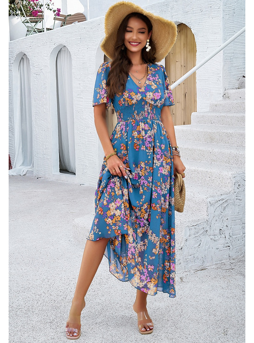 Women's Sheath Dress Chiffon Dress Sundress Floral Graphic Elastic Waist  Print V Neck Cold Shoulder Long Dress Maxi Dress Elegant Tropical Party  Date Short Sleeve Summer Spring 2026