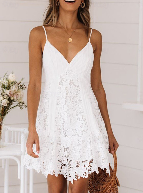 Women's Mini Dress White Dress Graduation Dress Lace Dress Sundress Elegant  Sexy Wedding Party Date Regular Fit Sleeveless Strap White Summer 2026 -   31