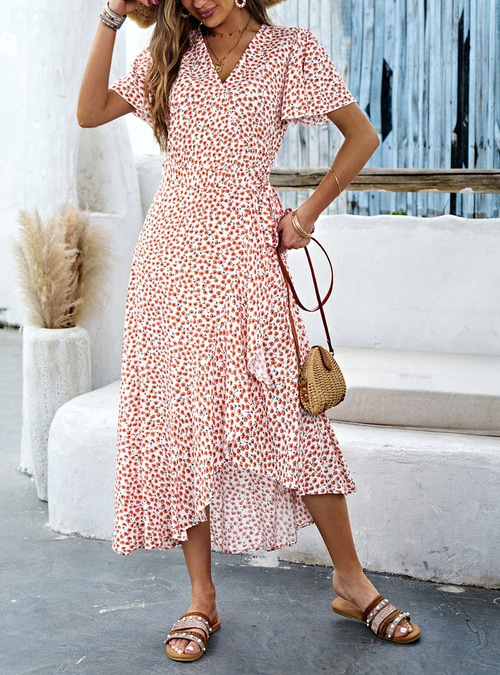 Women's Chiffon Dress Floral Ruffle V Neck Puff Sleeve Midi Dress Casual  Short Sleeve Summer Spring 2026 - US $43.99