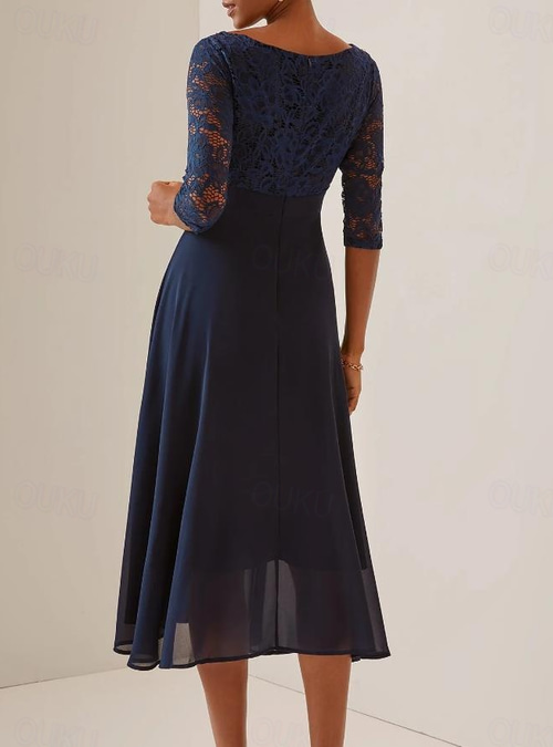 Women's Wedding Guest Cocktail Dress Chiffon Lace Yoke Elegant Formal A  Line Maxi Dress Boat Neck Half Sleeve Dark Blue Color 2026 - US $57.99