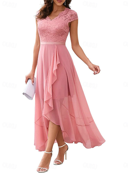 Women's Maxi Dress Lace Dress Cocktail Dress Wedding Guest Dress Chiffon  Dress Elegant Formal Wedding Guest Cocktail Party Regular Fit Short Sleeve  V Neck Black Pink Red Navy Blue Summer 2026 -  36