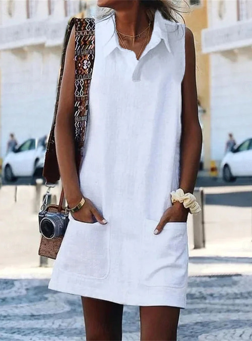 Women's Mini Dress Faux Cotton Linen Shirt Dress Casual Dress Tank Dress  Basic Modern Daily Weekend Loose Fit Plain Sleeveless Shirt Collar Blue  Black White Apricot Summer Spring 2026 -  20