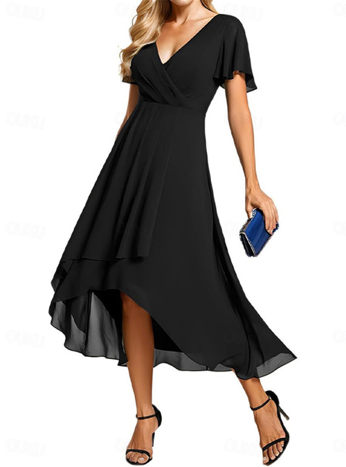 Sleeve Chiffon Semi Formal Dresses Ever-Pretty Wedding Guest Dress Woman  Length Ruffle Sleeves Pleated Chiffon