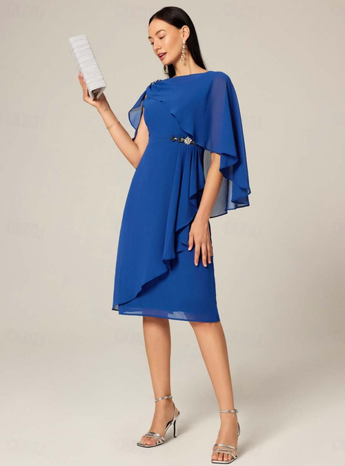 Women's Plus Size Wedding Guest Cocktail Dress Set Chiffon Ruffle Boat Neck  Sleeveless Midi Dress Party Elegant Royal Blue Summer 2026 - AU $100.39