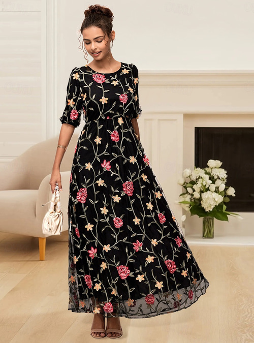 Women's Mesh Black Dress Floral Embroidered Crew Neck Puff Sleeve Maxi Dress  Elegant Stylish Daily Vacation Short Sleeve Summer 2026 - US $61.99