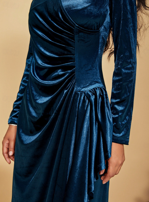 Women's Velvet Evening Dress Long Sleeve Wrap Front Ruched V-Neck Elegant  Blue Holiday Party Formal Event Winter Fashion Gown Classic Fit 2026 -  32