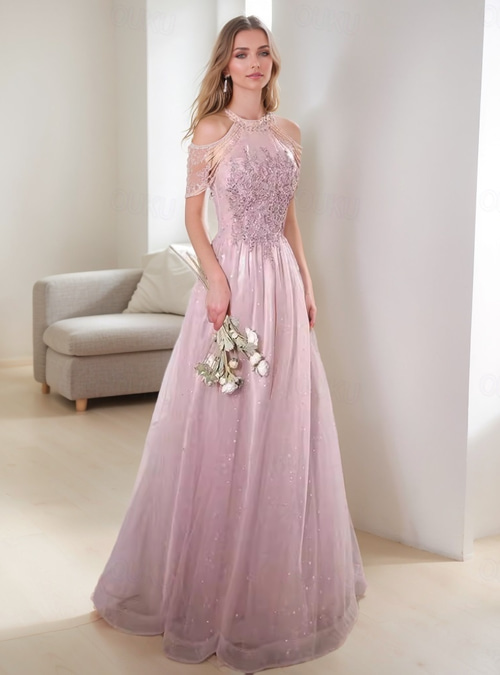 A-Line Prom Dresses Vintage Dress Formal Prom Floor Length Sleeveless High  Neck Tulle with Glitter Tassel 2026 - AU $136.19