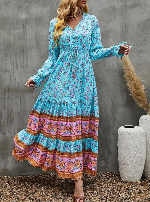 floral swing dress long sleeve Long sleeve stand collar retro jacquard satin swing dress- Pilar L [53-57kg] / Pink Gold