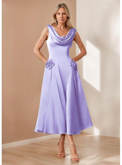 cowl neck tea-length satin a-line dress A-Line Ankle Length Tea Length Formal Dresses Mother of the Bride Dress 3/4  Length Sleeve Cowl Neck Elegant Vintage Formal Satin with Beading 2026
