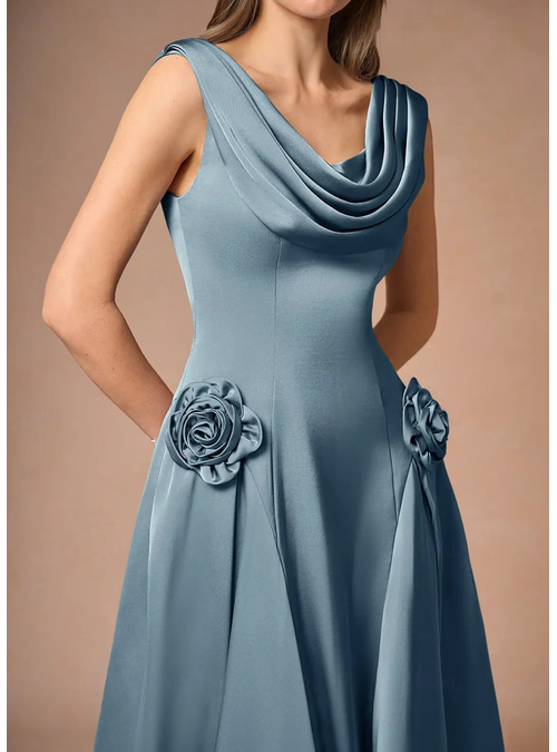 A-Line Mother of the Bride Dress Elegant Vintage Simple Funnel Neck Cowl  Neck Tea Length Satin Sleeveless with Flower 2026 -  141