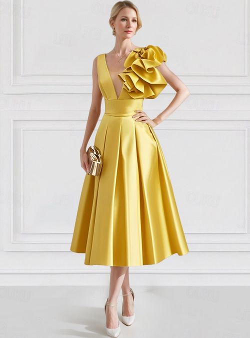 A-Line Ankle Length Cocktail Dresses Party Dresses Elegant Vintage Sleeveless V Neck Wedding Formal Satin with Pocket Shouder Flower 2026 - CAD $192.99 A-Line Ankle Length Cocktail Dresses Party Dresses Elegant Vintage Sleeveless V Neck Wedding Formal Satin with Pocket Shouder Flower 2026 - CAD $192.99
