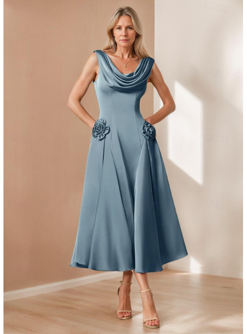 A-Line Mother of the Bride Dress Elegant Vintage Simple Funnel Neck Cowl Neck Tea Length Satin Sleeveless with Flower 2026 - 141 A-Line Mother of the Bride Dress Elegant Vintage Simple Funnel Neck Cowl Neck Tea Length Satin Sleeveless with Flower 2026 - 141