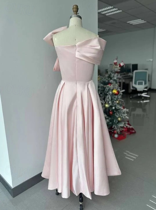 open lace back dress V Neck Ankle Length Short Sleeves Pink Wedding Guest Dress main image 1