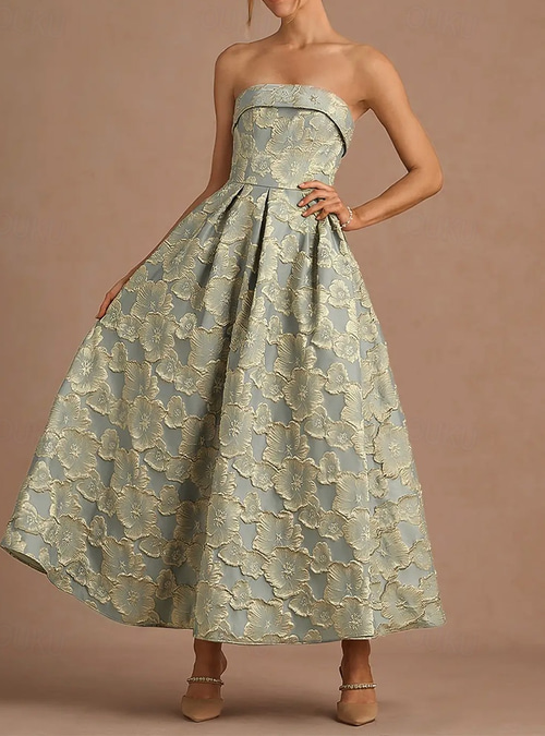 A-Line Tea Length Prom Dresses Elegant Sleeveless Strapless Garden Party Formal Nylon with Pocket 2026 - CAD $273.99 A-Line Tea Length Prom Dresses Elegant Sleeveless Strapless Garden Party Formal Nylon with Pocket 2026 - CAD $273.99
