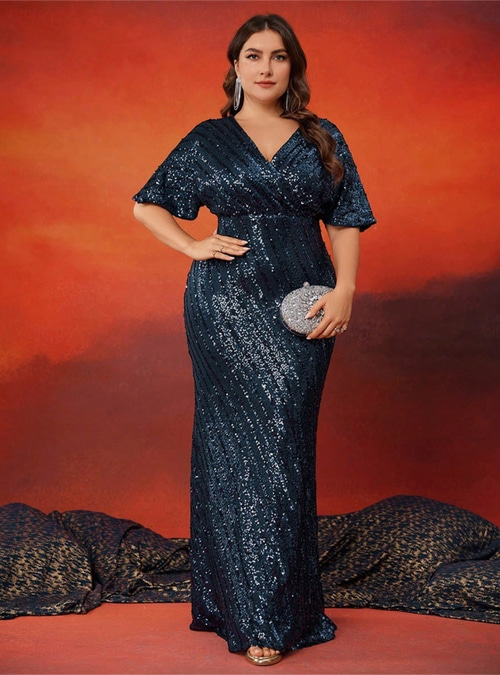 Mermaid / Trumpet Plus Size Dresses Elegant Curve Dress Formal Wedding  Floor Length Short Sleeve V Neck with Sequin 2026 -  113