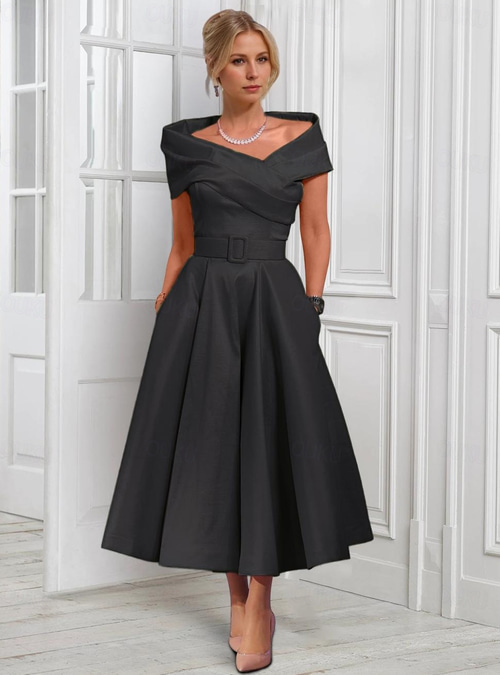 A-Line Tea Length Cocktail Dresses Party Dresses Elegant Sleeveless Off Shoulder Garden Party Wedding Satin with Pleats 2026 - 132 A-Line Tea Length Cocktail Dresses Party Dresses Elegant Sleeveless Off Shoulder Garden Party Wedding Satin with Pleats 2026 - 132