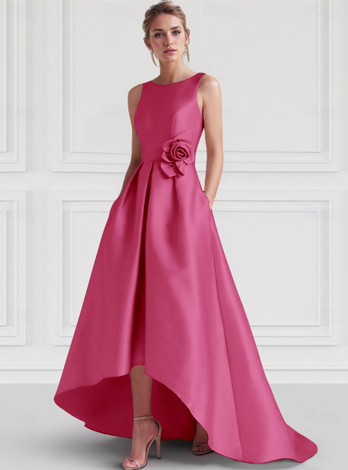 sachin and babi light blue dress Alfred Sung Bateau Neck Satin High Low Cocktail Dress In Burgundy