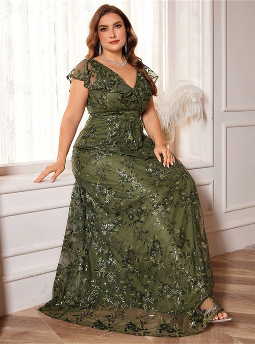 A-Line Plus Size Dresses Elegant Curve Dress Formal Wedding Floor Length  Short Sleeve V Neck V Back with Sequin 2026 - AU $194.09