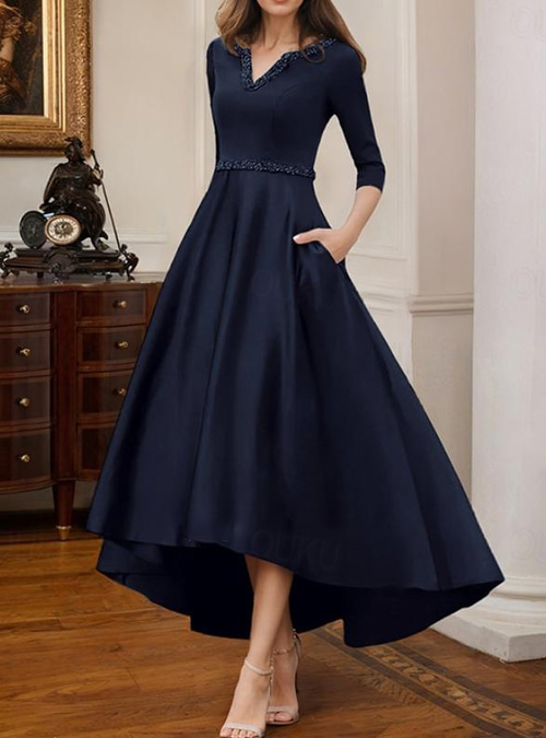 A-Line Cocktail Dresses Elegant Dress Formal Wedding Tea Length High-low  Dress Half Sleeve V Neck Stretch Satin with Beading Pocket 2026 - US $175.99