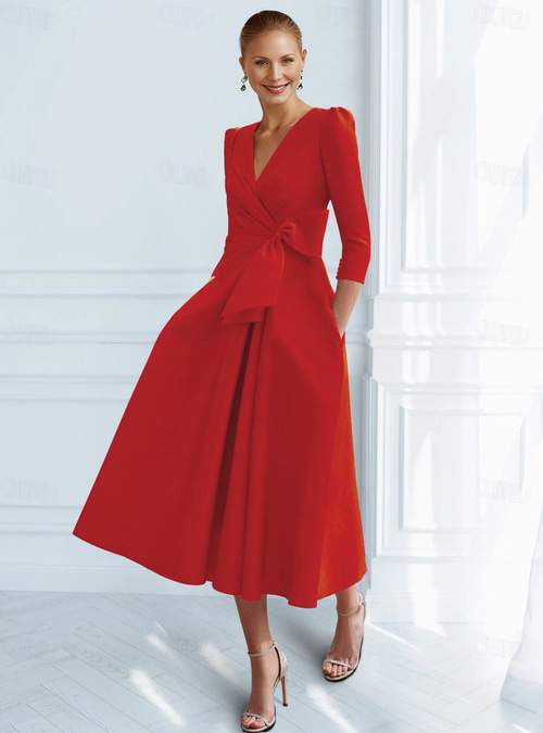 A-Line Ankle Length Cocktail Dresses Elegant Vintage 3/4 Length Sleeve V  Neck Formal Pocket Satin with Bow(s) Ruched 2026 -  127.99