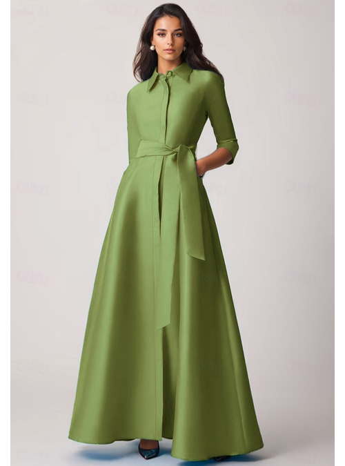 A-Line Floor Length Shirt Dress Wedding Guest Dress Formal Dresses Mother  of the Bride Dress Half Sleeve Lapel Elegant Wedding Formal Wedding Guest  Stretch Satin with Bow(s) Pocket Strappy 2026 - CAD