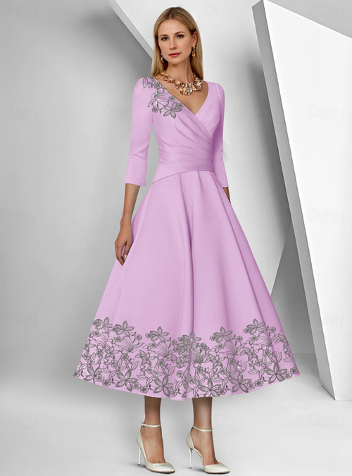 A-Line Dress Ankle Length Tea Length Cocktail Dresses Party Dresses Elegant  Simple 3/4 Length Sleeve V Neck Formal Satin with Lace Ruched Sequin 2026 -   135