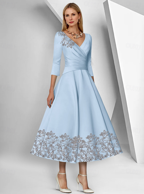 navy blue dress for baby girl A-Line Ankle Length Soft Satin Bridesmaid Dress Bell Sleeve Pleated  Semi-Formal Dress COCOMELODY CG0317BM main image 0