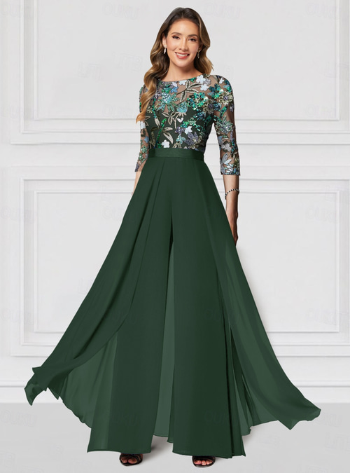 half sequin half chiffon dress Jumpsuit Pantsuit Floor Length Mother of the Bride Dress Half Sleeve Jewel Neck Elegant Vintage Wedding Guest Church Chiffon with Feather Sequin Appliques 2026