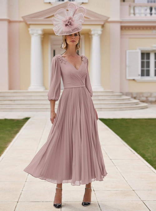 A-Line Dress Tea Length Party Dress Cocktail Dress Wedding Guest Dress Mother of the Bride Dress 3/4 Length Sleeve V Neck Elegant Formal Chiffon with Lace Tier Solid Color 2026 - 548 A-Line Dress Tea Length Party Dress Cocktail Dress Wedding Guest Dress Mother of the Bride Dress 3/4 Length Sleeve V Neck Elegant Formal Chiffon with Lace Tier Solid Color 2026 - 548