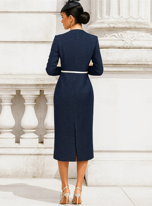 Sheath Column Tea Length Party Dress Cocktail Dress Wedding Guest Dress  Mother of the Bride Dress Long Sleeve V Neck Elegant Vintage Formal Woolen  with Sash / Ribbon 2026
