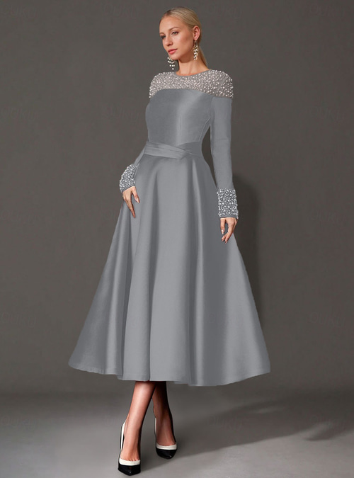 silver tea length formal dresses Tea-Length Midi Prom Dress with Short Puff Sleeves Smoky Blue / 2XLarge main image 1