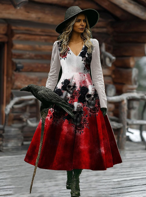 bohemian witch dress Halloween Women's Spider Web Print Maxi Gothic Baroque Graphic A Line V Neck Long Sleeve Costume Party Dress Black Dark Red 2026 __party White Satin V-neck Sleeveless Colors:Hunter