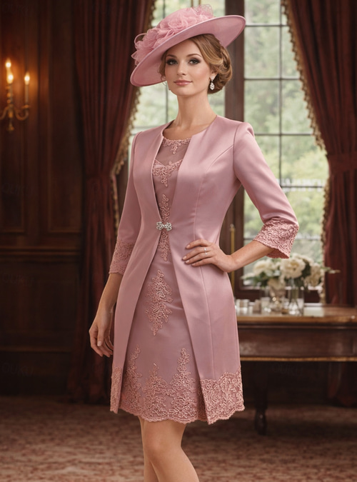 Sheath Column Knee Length Wedding Guest Dress Mother of the Bride Dress 3/4 Length Sleeve Jewel Neck Vintage Plus Size Wedding Guest Satin Lace Jacket Dresses with Appliques 2026