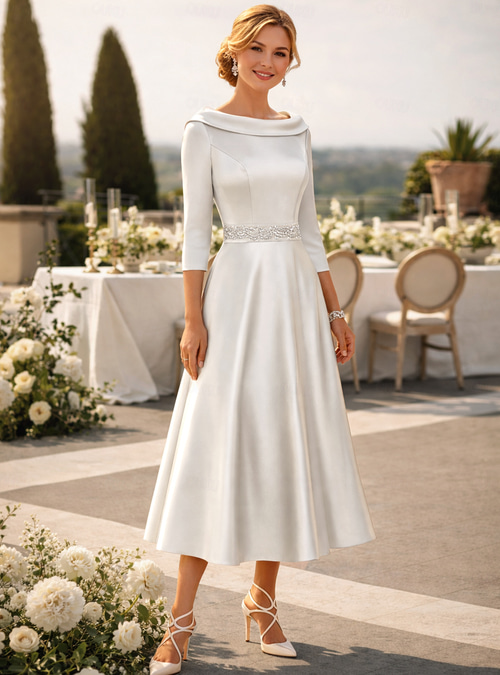 sachin and babi light blue dress NumberSea-A-Line Mother of the Bride Dress Wedding Guest Elegant High Low  Sweet Spaghetti Strap Asymmetrical Tea Length Satin 3/4 Length Sleeve with  Pleats Fall main image 1